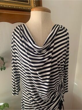 Michael Kors Black and White Striped Ruched Side Boatneck Top Size M